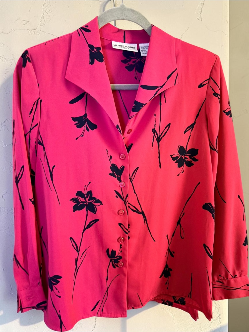 Alfred Dunner Hot Pink Button-Down Blouse with Black Floral Print
